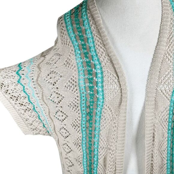 Chicos XL Open Knit Duster Cardigan Spring Summer Teal Mix Fringe Boho Size 3 - Picture 9 of 10